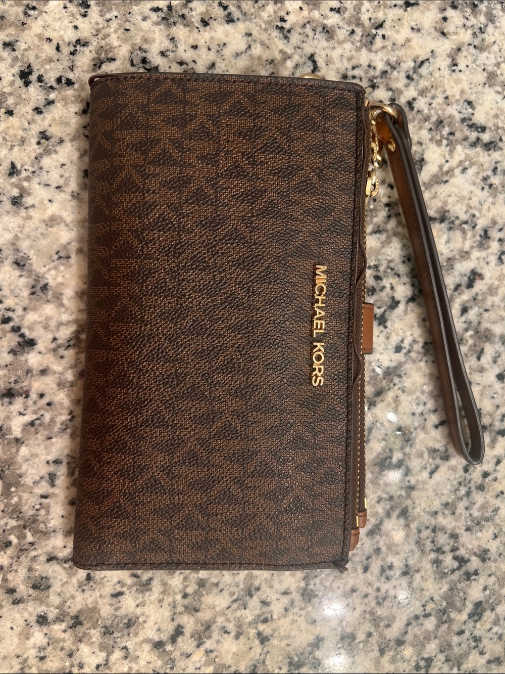 Women’s Michael Kors Brown and Tan Wristlet Wallet with Gold Hardware